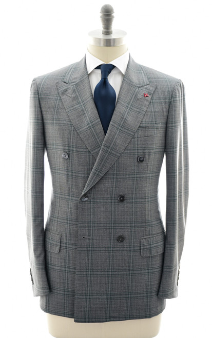 Isaia Napoli Gray Green Plaid 100% Wool Suit